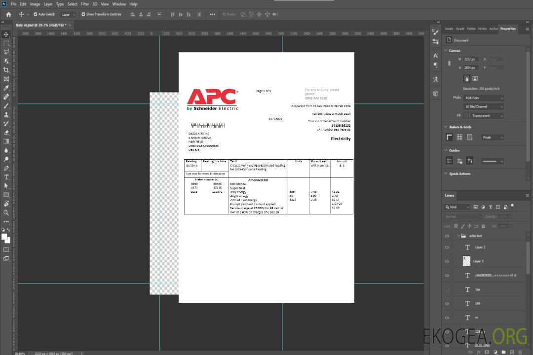 Modèle de facture de services publics d'électricité d'APC pour le Royaume-Uni aux formats Word et PDF template